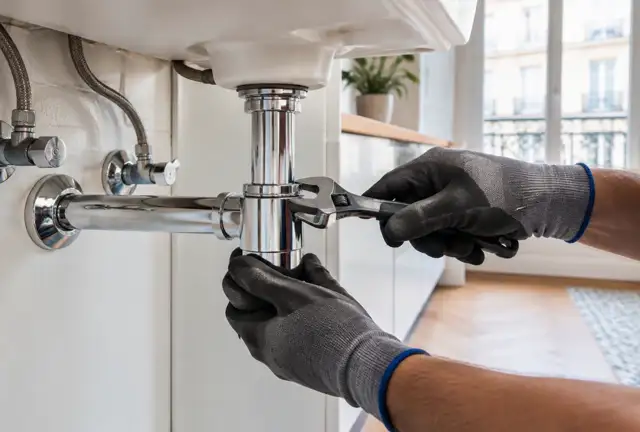 Plombier resserrant le siphon d'un évier lors d'un dépannage à Tours